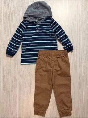 Carter’s Toddler Boys 2T Striped Hooded Henley Brown Jogger 2 Piece Outfit